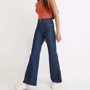 Madewell 11" High-Rise Flare Jeans in Wrenford Wash 29 Dark Blue Denim 70s Retro